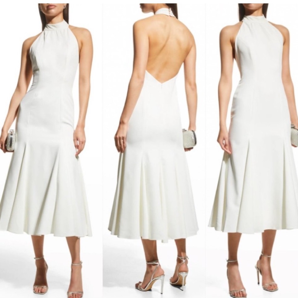 Milly Cady Penelope High Neck Halter Midi Dress in Ecru